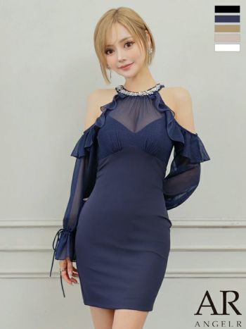 キャバドレス Angel R エンジェルアール ビジュー フリル 肩あき シアー ホルターネック 長袖 タイトミニドレス