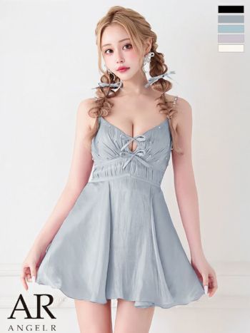 キャバドレス　Angel R エンジェルアール Vカット レースアップ リボン ウエストマーク ビジュー パール ガーリー キャミソール フレアミニドレス