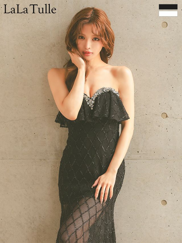 キャバドレス Angel R エンジェルアール バストフリル ビジュー ベアトップ キャミソール ラメライン セクシー 2way タイトロングドレス