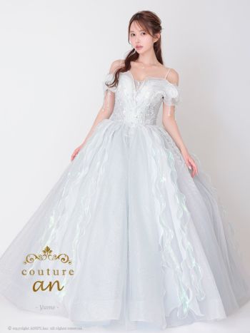 キャバドレス couture an 肩あき 半袖 オーロラ チュール フリル スパンコール ビジュー レースアップ バースデー Aラインロングドレス