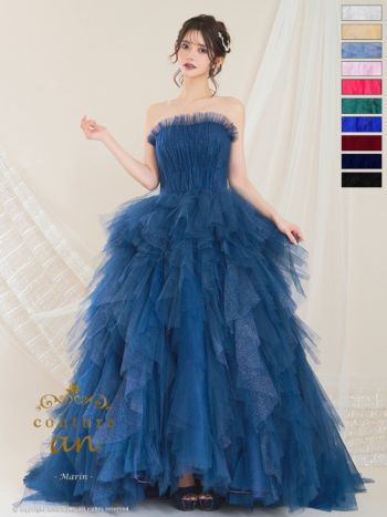 キャバドレス couture an ベアトップ ワンカラー フリル チュール レースアップ バースデー Aラインロングドレス