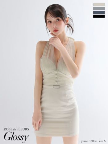 キャバドレス Glossy ROBE de FLEURS グロッシー ローブドフルール ホルターネック ラメ チュール ギャザー セクシー ウエストベルト タイトミニドレス