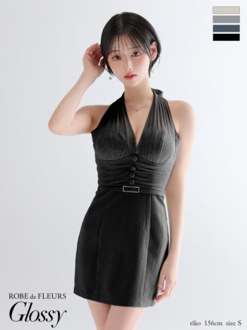 キャバドレス Glossy ROBE de FLEURS グロッシー ローブドフルール セクシー ウエストベルト ホルターネック ラメ チュール ギャザー タイトミニドレス