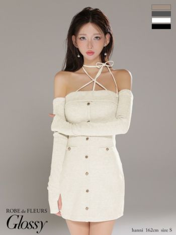 キャバドレス Glossy ROBE de FLEURS グロッシー ローブドフルール フロントボタン ネックリボン ホルターネック 長袖 リブニット アームウォーマー付き タイトミニドレス