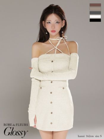 キャバドレス Glossy ROBE de FLEURS グロッシー ローブドフルール フロントボタン ネックリボン ホルターネック 長袖 リブニット アームウォーマー付き タイトミニドレス