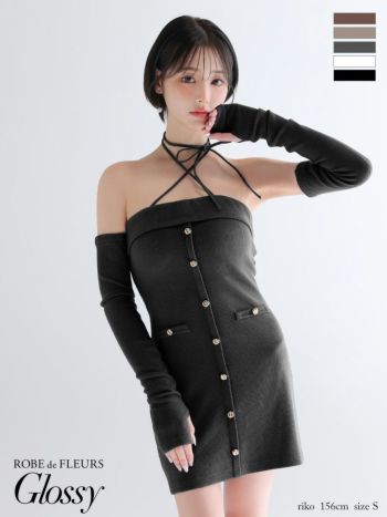キャバドレス Glossy ROBE de FLEURS グロッシー ローブドフルール ネックリボン ホルターネックフロントボタン 長袖 リブニット アームウォーマー付き タイトミニドレス