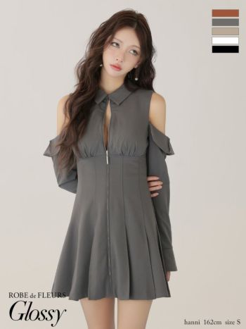 キャバドレス Glossy ROBE de FLEURS グロッシー ローブドフルール 肩あき ジップデザイン 襟付き プリーツスカート 長袖 フレアミニドレス