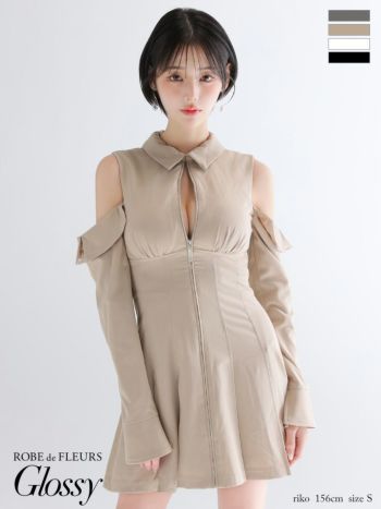 キャバドレス Glossy ROBE de FLEURS グロッシー ローブドフルール 襟付き プリーツスカート 肩あき ジップデザイン 長袖 フレアミニドレス 
