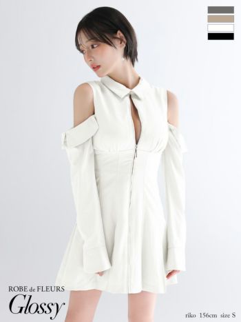 キャバドレス Glossy ROBE de FLEURS グロッシー ローブドフルール 襟付き プリーツスカート 肩あき ジップデザイン 長袖 フレアミニドレス