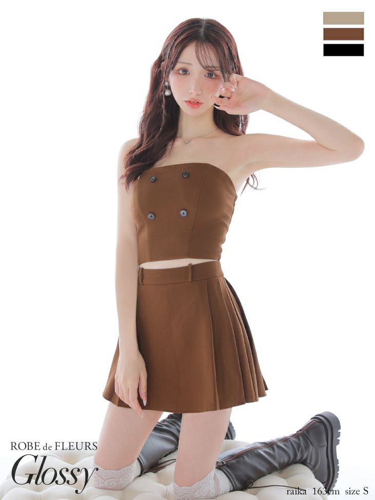 キャバドレス Glossy by ROBE de FLEURS グロッシー 2way オフショルダー ベアデザイン フロントボタン 長袖 セットアップ セクシー フレアミニドレス