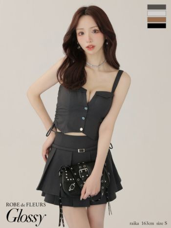 キャバドレス Glossy by ROBE de FLEURS グロッシー セクシー キャミソール Vカット ウエストベルト ドロストデザイン プリーツ セットアップ フレアミニドレス