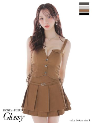 キャバドレス Glossy by ROBE de FLEURS グロッシー Vカット ウエストベルト ドロストデザイン プリーツ セットアップ セクシー キャミソール フレアミニドレス