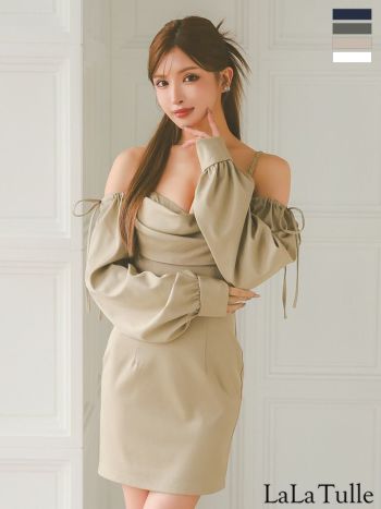 キャバドレス Angel R エンジェルアール バストドレープ 肩あき 長袖 ワンカラー 2way リボン タイトミニドレス