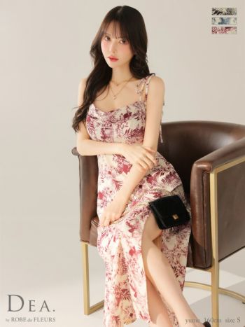 キャバドレス DEA.by ROBE de FLEURS ディア ショルダーリボン オープンバスト スリット 花柄 サテン エレガント キャミソール Aラインロングドレス