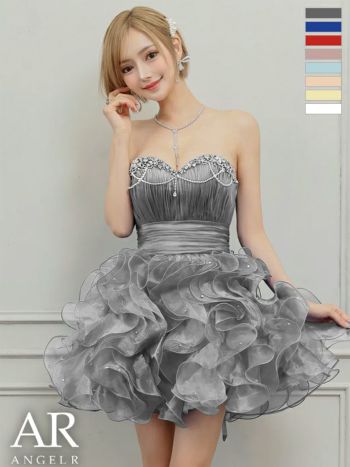 キャバドレス Angel R エンジェルアール ハートカット キャミソール ビジュー パールチェーン ウエストマーク フリル バースデー ベアトップス フレアミニドレス