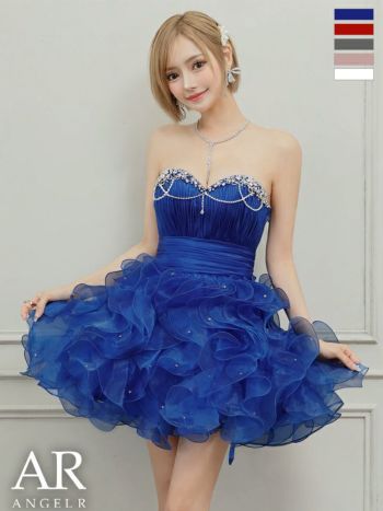 キャバドレス Angel R エンジェルアール キャミソール ビジュー パールチェーン ウエストマーク フリル バースデー ベアトップス ハートカット フレアミニドレス