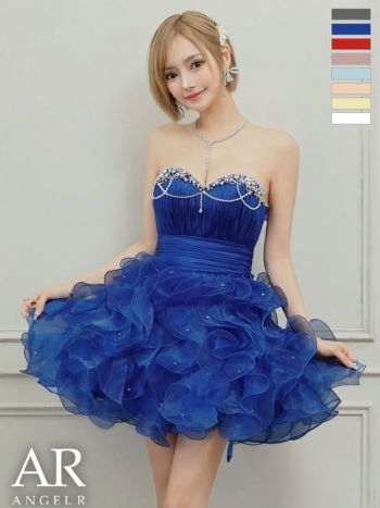 キャバドレス Angel R エンジェルアール キャミソール ビジュー パールチェーン ウエストマーク フリル バースデー ベアトップス ハートカット フレアミニドレス
