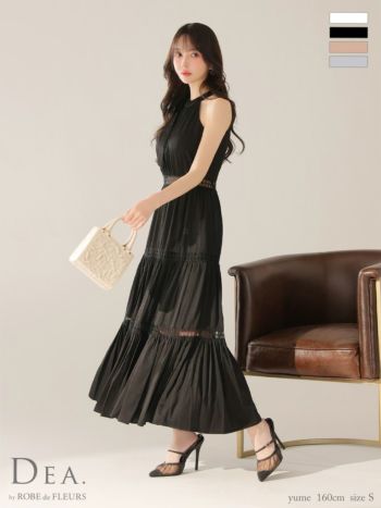 キャバドレス DEA. ROBE de FLEURS ディア ローブドフルール スカラップレース ワンカラー ホルターネック エレガント リボンタイ Aラインロングドレス