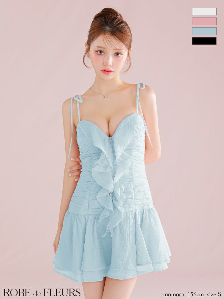 キャバドレス ROBEdeFLEURS ローブドフルール ガーリー リボン サテン シフォン キャミソール Aラインミニドレス