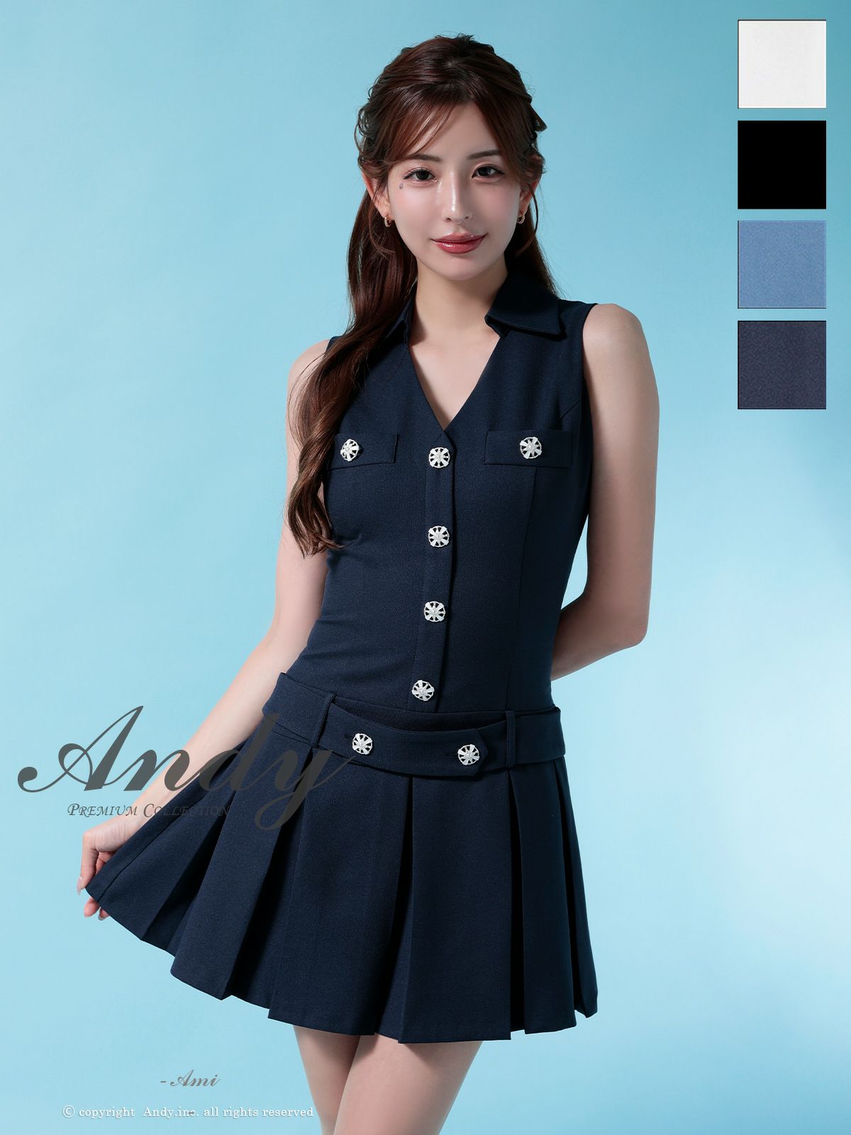 Andy/アンディ】プリーツ Vネック 襟付き フロントボタン シンプル