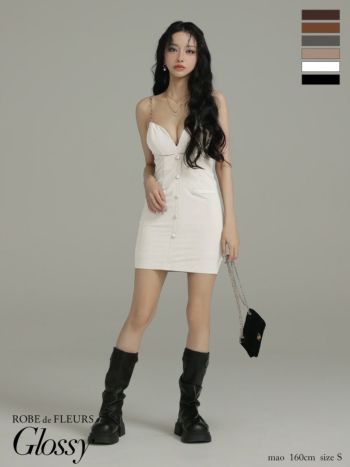 キャバドレス Glossy by ROBE de FLEURS グロッシー フェイクスエード セクシー キャミソール オープンバスト フロントボタン タイトミニドレス