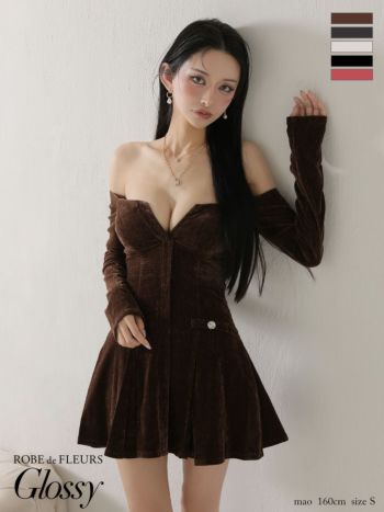 キャバドレス Glossy ROBE de FLEURS グロッシー ローブドフルール ラメニット プリーツスカート バストカット セクシー オフショルダー 長袖 フレアミニドレス