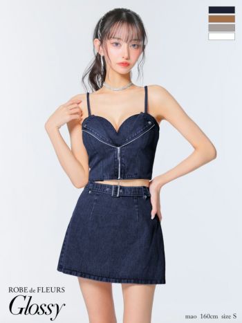 キャバドレス Glossy ROBE de FLEURS グロッシー ローブドフルール ジップデザイン デニム キャミソール セットアップ ウエストベルト ハートカット タイトミニドレス