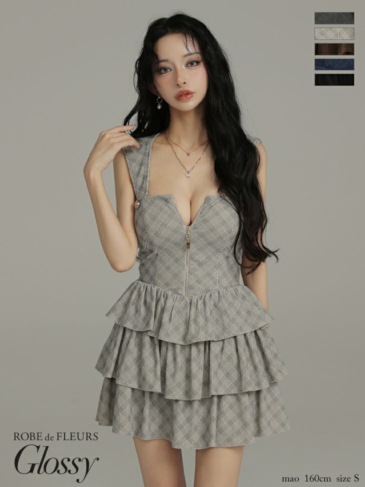 キャバドレス Glossy ROBE de FLEURS グロッシー ローブドフルール フーディー ティアード 2way ジップデザイン チェック柄 ベアトップ ノースリーブ フレアミニドレス