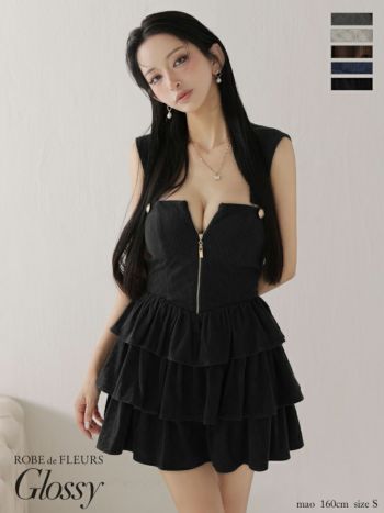 キャバドレス Glossy ROBE de FLEURS グロッシー ローブドフルール ベアトップ ノースリーブ 2way フーディー ティアード ジップデザイン チェック柄 フレアミニドレス