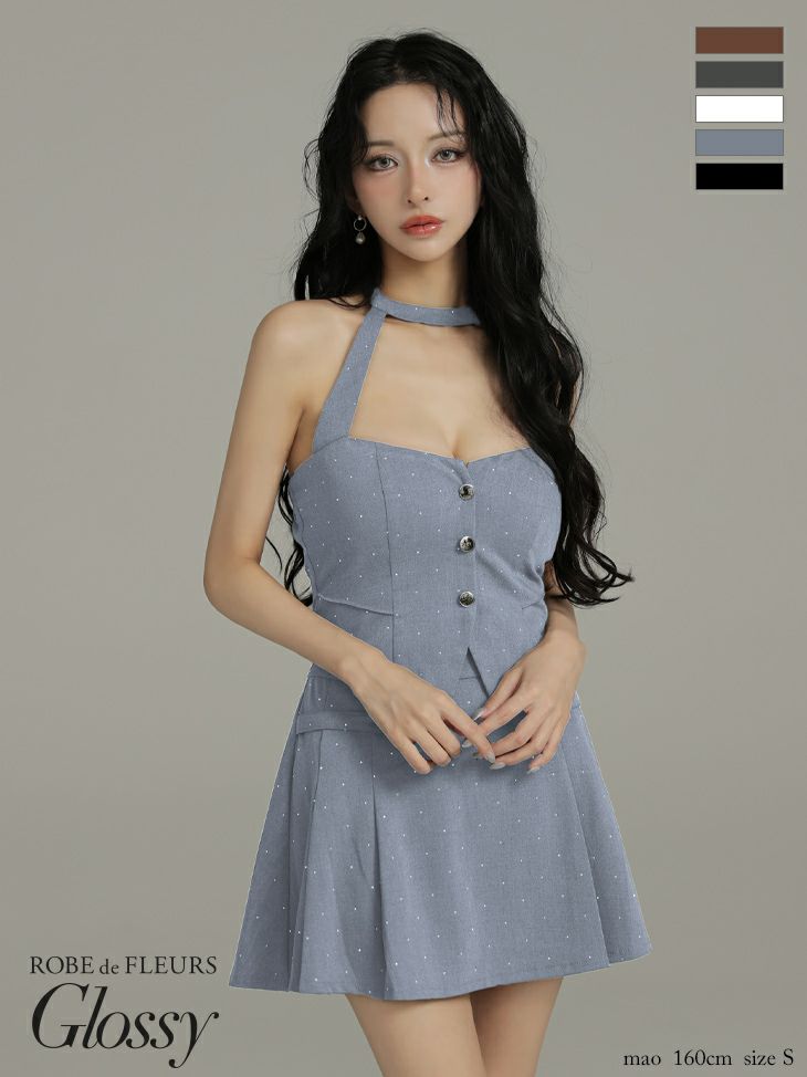 キャバドレス Glossy ROBE de FLEURS グロッシー ローブドフルール セットアップ セクシー ドット柄 ホルターネック ストーン付き フレアミニドレス