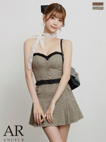 キャバドレス Angel R エンジェルアール ベアトップ フリル キャミソール 2way プリーツスカート セットアップ チェック柄 Aラインミニドレス