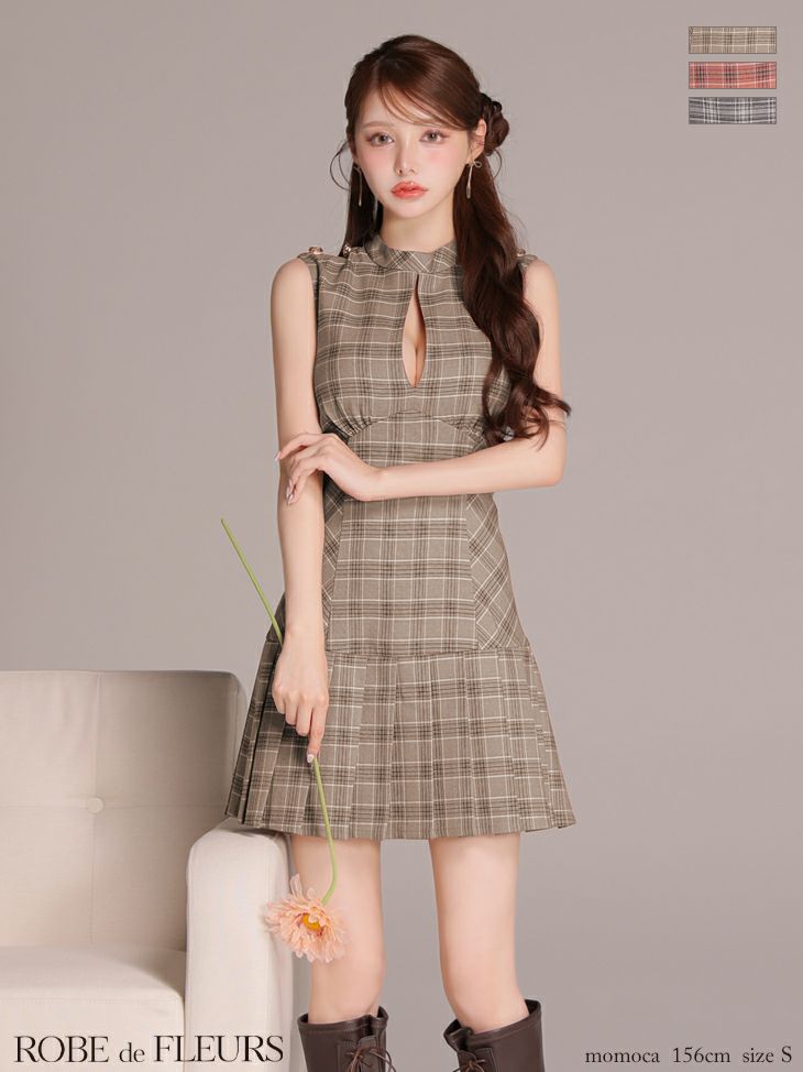 キャバドレス ROBEdeFLEURS ローブドフルール チェック柄 ノースリーブ ボックスプリーツ クラシカル Aラインミニドレス