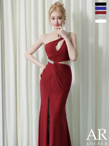キャバドレス Angel R エンジェルアール タック ビジュー スリット セクシー ワンショルダー アシンメトリー カットデザイン タイトロングドレス