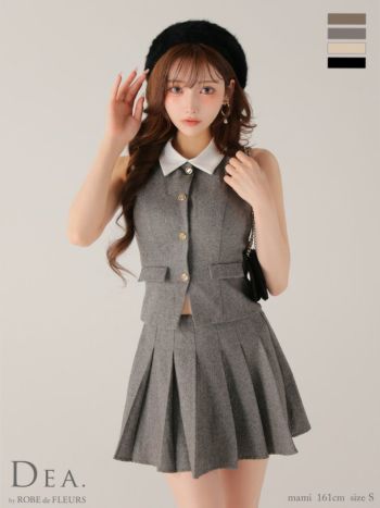 キャバドレス DEA. ROBE de FLEURS ディア ローブドフルール プリーツスカート 襟付き 2way クラシカル セットアップ ノースリーブ ベストフレアミニドレス