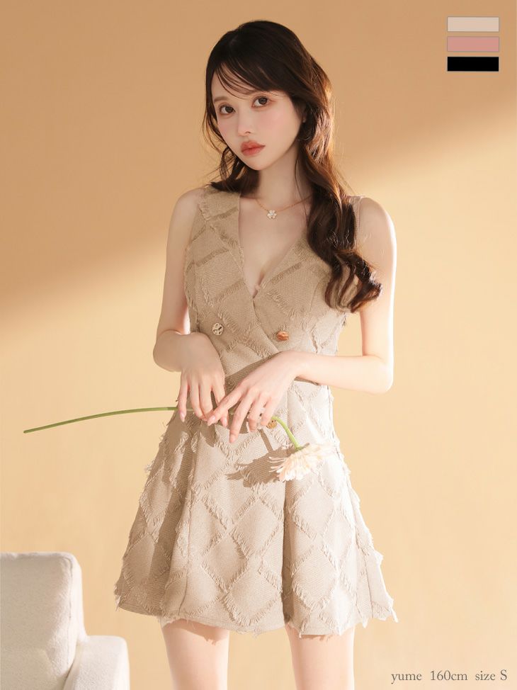 キャバドレス DEA.by ROBE de FLEURS ディア クラシカル ノースリーブ オープンバスト フリンジジャガード ダブルボタン フレアミニドレス