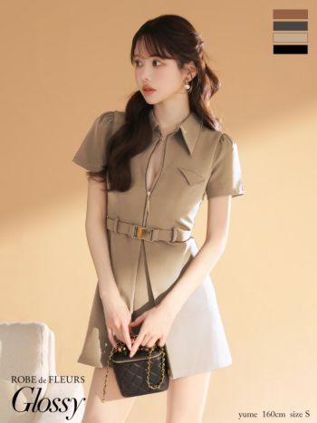 キャバドレス Glossy ROBE de FLEURS グロッシー ローブドフルール 襟付き ウエストベルト 半袖 ジップデザイン ワンカラー フレアミニドレス