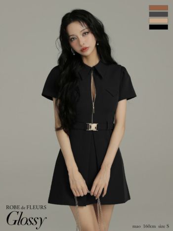 キャバドレス Glossy ROBE de FLEURS グロッシー ローブドフルール ウエストベルト ワンカラー 半袖 ジップデザイン 襟付き フレアミニドレス