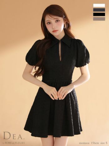 キャバドレス DEA. ROBE de FLEURS ディア ローブドフルール 襟付き ワッフル素材 半袖 ウエストベルト クラシカル ワンカラー フレアミニドレス