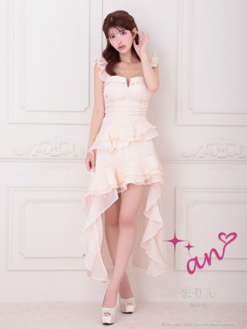 キャバドレス an ビジュー キャミソール ドット柄 ジップデザイン フリル ロングテールドレス