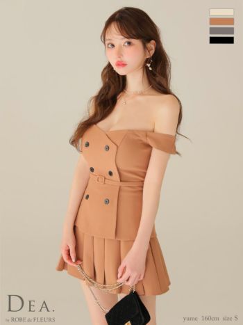 キャバドレス DEA. ROBE de FLEURS ディア ローブドフルール ダブルボタン プリーツスカート セットアップ オフショルダー ワンカラー ウエストベルト フレアミニドレス