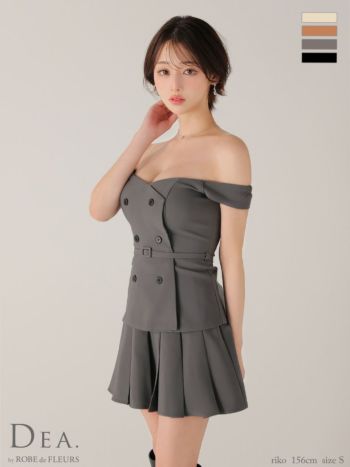 キャバドレス DEA. ROBE de FLEURS ディア ローブドフルール オフショルダー ダブルボタン セットアップ プリーツスカート ワンカラー ウエストベルト フレアミニドレス