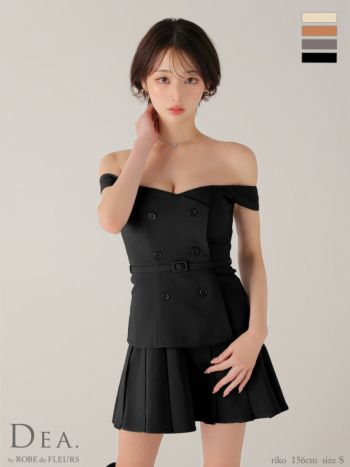 キャバドレス DEA. ROBE de FLEURS ディア ローブドフルール セットアップ ワンカラー ウエストベルト オフショルダー ダブルボタン プリーツスカート フレアミニドレス