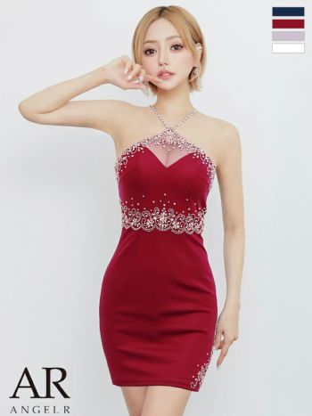 キャバドレス Angel R エンジェルアール ビジュー vカット ホルターネック バストシアー クロスストラップ セクシー タイトミニドレス