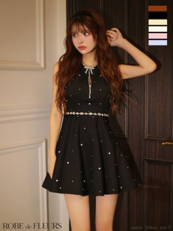 キャバドレス ROBEdeFLEURS ローブドリボンビジュー サマーツイード ジップデザイン ノースリーブ ガーリー フレアミニドレスリボンビジュー サマーツイード ジップデザイン ノースリーブ ガーリー フレアミニドレス リボンビジュー サマーツイード ジップデザイン ノースリーブ ガーリー フレアミニドレスフルール