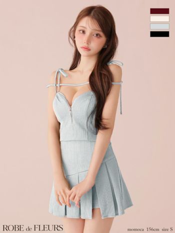 キャバドレス ROBEdeFLEURS ローブドフルール キャミソール コードデザイン セットアップ リボン リブニット ジップデザイン プリーツスカート フレアミニドレス