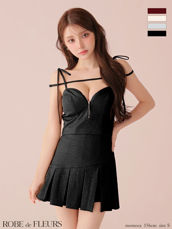 キャバドレス ROBEdeFLEURS ローブドフルール リボン キャミソール セットアップ コードデザイン リブニット ジップデザイン プリーツスカート フレアミニドレス