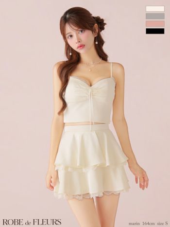 キャバドレス ROBEdeFLEURS ローブドフルール キャミソール ティアードスカート セットアップ リボン サテン レース ギャザー ガーリー フレアミニドレス