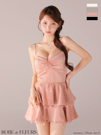 キャバドレス ROBEdeFLEURS ローブドフルール サテン レース キャミソール ティアードスカート セットアップ リボン ギャザー ガーリー フレアミニドレス