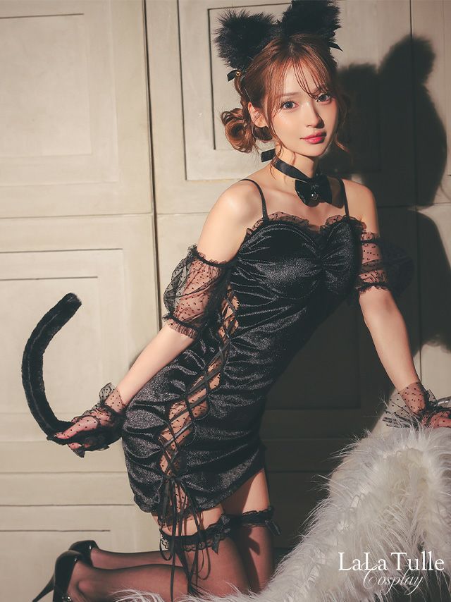 コスプレ ベロア ドット柄 レースアップ タイト セクシー アニマル 黒猫 衣装4点セット