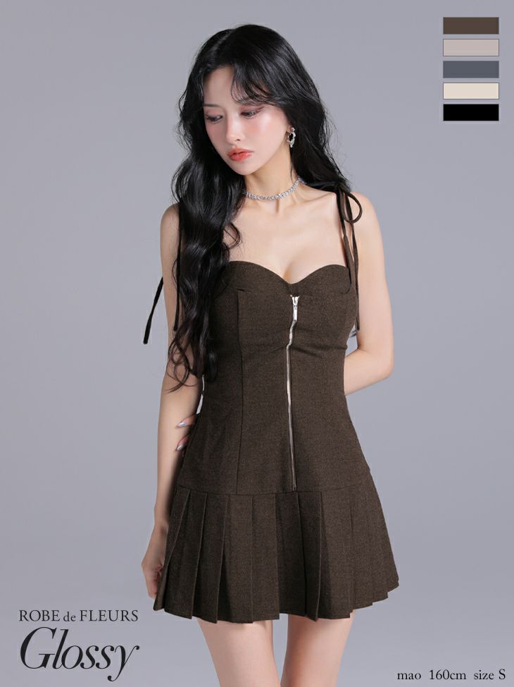 キャバドレス Glossy ROBE de FLEURS グロッシー ローブドフルール キャミソール リボンショルダー セクシー ジップデザイン プリーツスカート フレアミニドレス